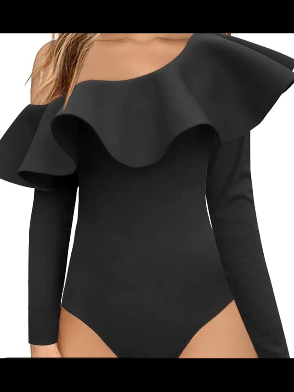 Off-Shoulder Ruffle Long Sleeve Bodysuit - Black